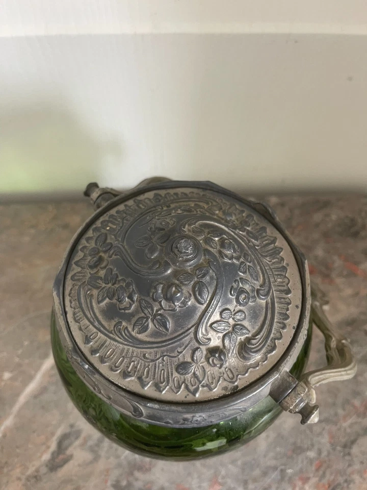 Ancien Seau Pot Biscuit Sucre Bonbonnière Second Empire Verre Vert Etain - Photo 4/4