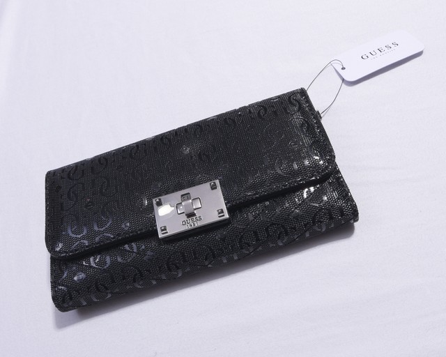 Guess Womens Wallet Snap Close Trifold Clutch Black Halley Slg New