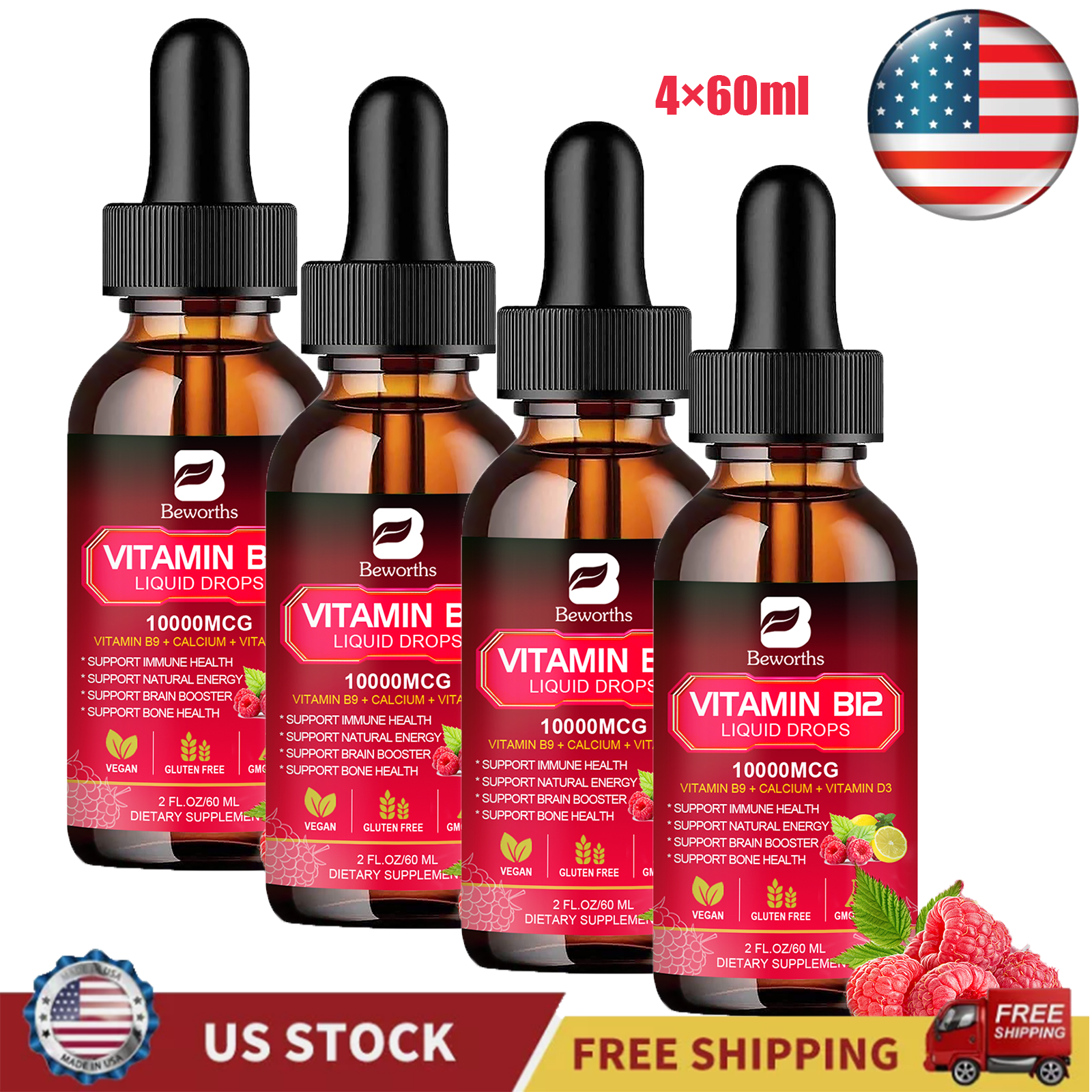 (4Pack)Vitamin B12 Supplement Liquid Drops Extra Strength Suport Immunity Energy