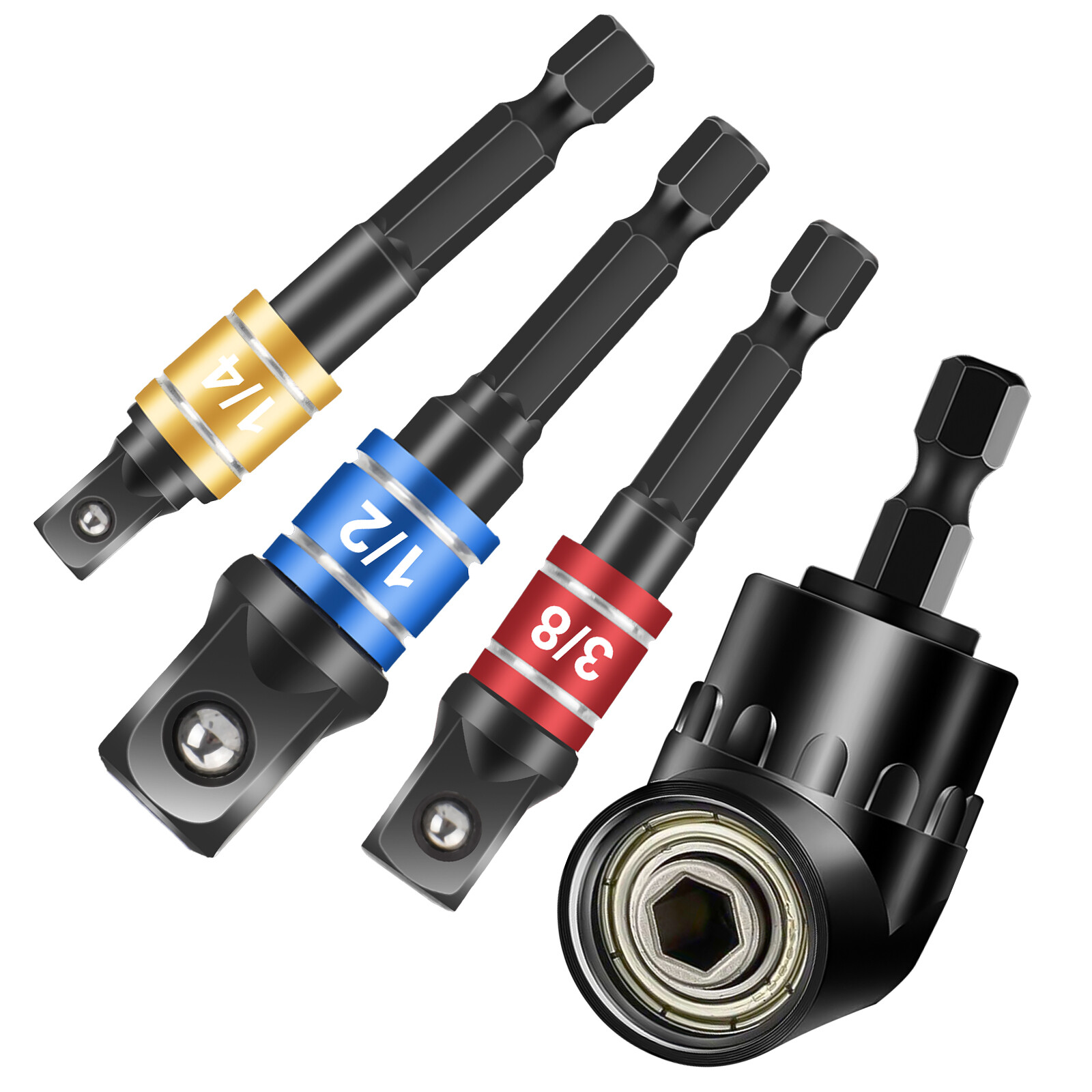 4Pcs 105&deg;Right Angle Drill Attachment Impact Grade Socket Adapter 1/4" 3/8" 1/2"