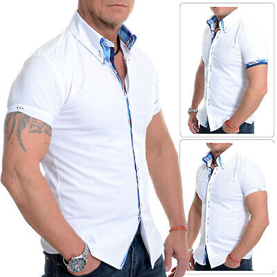 Men's Button Down Shirt Short Sleeve Italian Design Slim Fit Blue Cotton  White | eBay