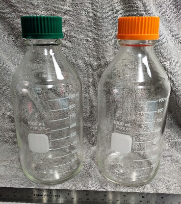 x2 PYREX 1000 ml 1L Glass Media Bottle with Cap #1395 Made in Germany