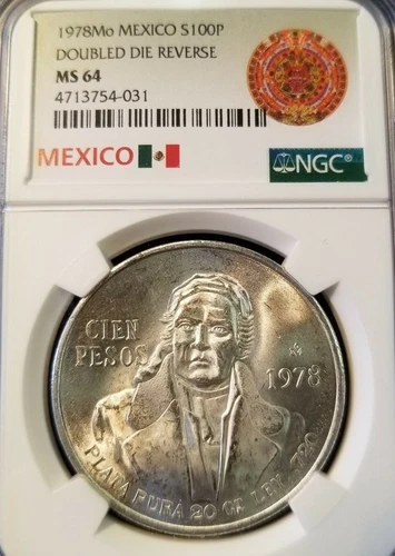 1978 MEXICO SILVER 100 PESOS S100P DOUBLED DIE REVERSE NGC MS 64 BEAUTIFUL COIN