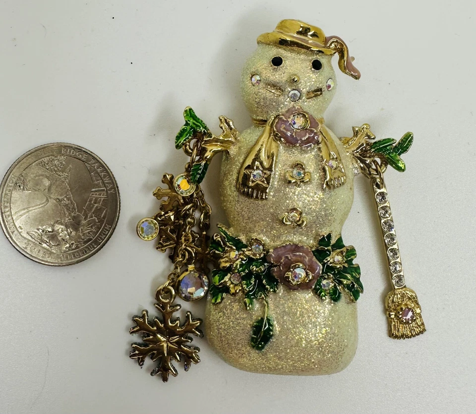 Broche de Navidad Hombre de Nieve Blanco/Dorado Grande Firmado Kirks Folly De Colección