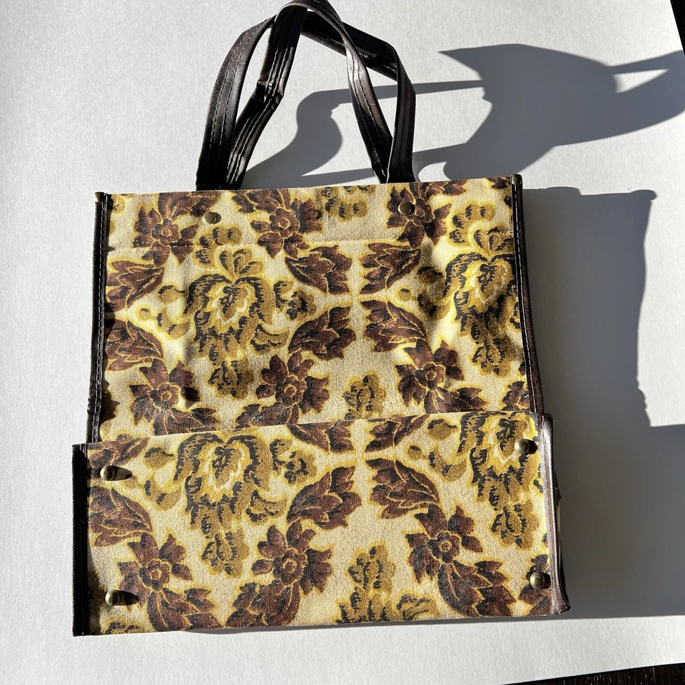 Bolso De Colección Market Boho Grannycore Años 70 Vinilo Forrado Floral Amarillo Tostado Marrón 11.5" Foto 4 de 4