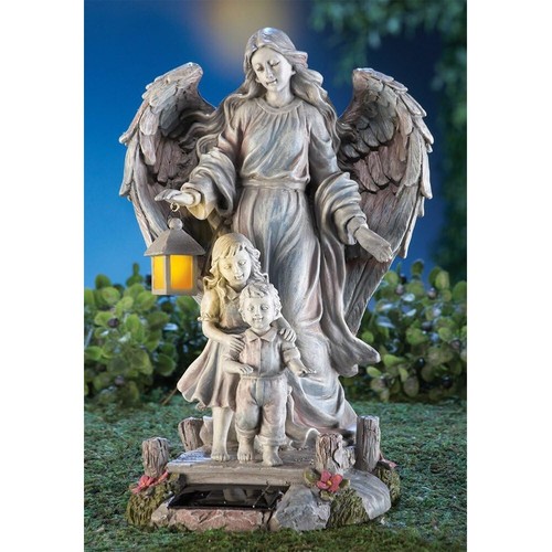Guardian Angel & Children Solar Powered Garden Decor Grey Statue Resin Figurine - Picture 6 of 7