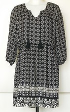 Lily Rose Black & Cream Print  Boho  Blouson Dress w/ 3/4 Peasant Sleeves L Jr