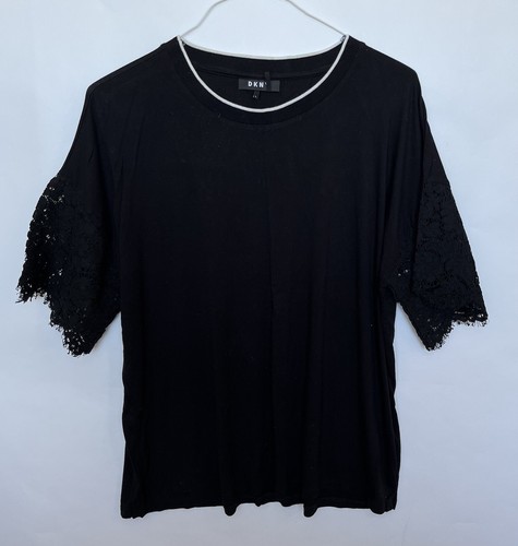 DKNY Blouse Womens Large Black Crew Neck Short Lace Sleeves Stripe Solid Shirt