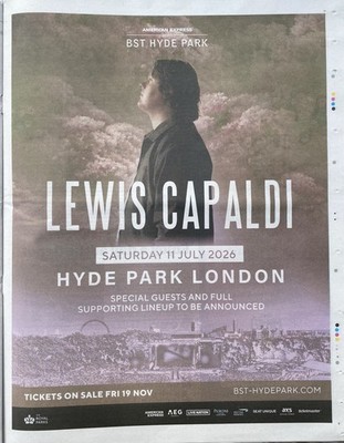 Lewis Capaldi Live Tour Datum 2026 BST Festival Anzeige Zeitung Werbung Poster 14x11