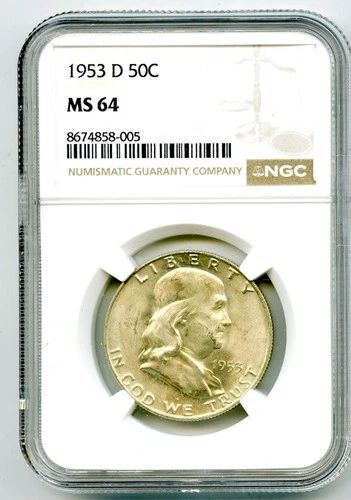 1953 D 50C FRANKLIN SILVER UNCIRCULATED HALF DOLLAR - NGC MS 64