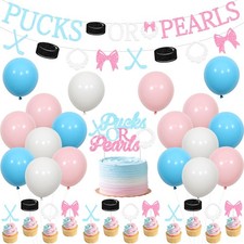 Hockey Gender Reveal Decorations, Pucks or Pearls Banner Cake Topper Cupcake ...