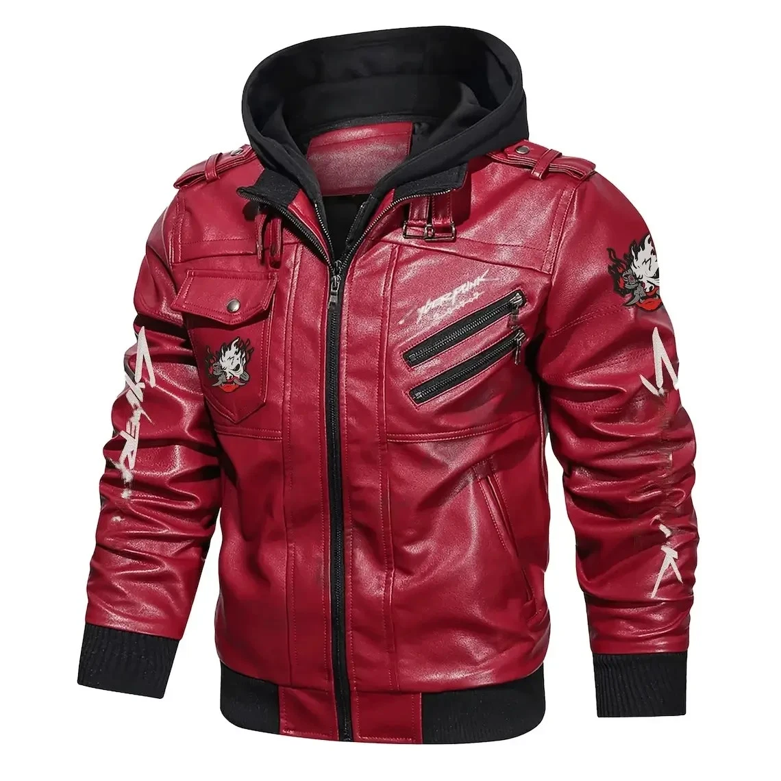 Mens Samurai Style Hooded Real Leather Jacket with Sticker Patches