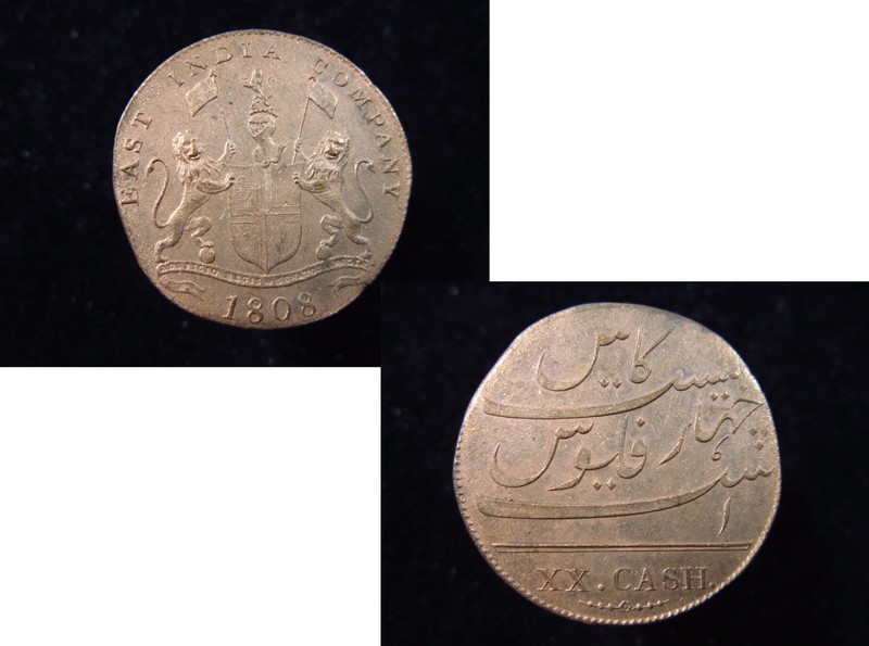 India British XX 20 Cash 1808 Admiral Gardner Shipwreck Madras भारत i3764 Coin