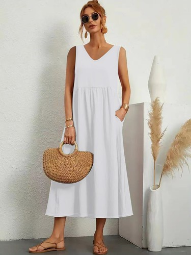 New Womens V Neck Sleeveless Loose Dresses Summer Baggy Kaftan Long Dress - Picture 19 of 27