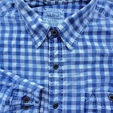 L.L.Bean Shirt Mens Large Blue White Gingham Check Long Sleeve Button Front