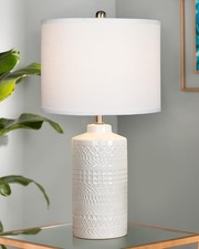24.5" White Ceramic Table Lamp 3-Way Dimmable Nightstand with White Linen Sha...