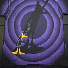 Vtg 1992 Wild Oats Looney Tunes Daffy Duck Shadow AOP T-Shirt, Sz L 22x29", SS