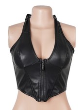 WOW BABE Black Faux Leather Halterneck Lace Up Tie Back Corset Top Size 12