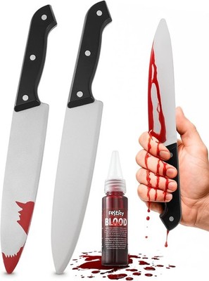 Fake Messer 2er-Set Fake knife aus Kunststoff mit 25 ml Kunstblut Halloween