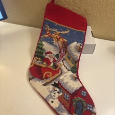 Vtg 18 Needlepoint Christmas Stocking Santa In Sleigh Wool Velvet Backing b3