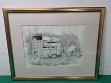 Vintage Horsebox Henhouse Etching Print by Artist Sally Chappell Inscribed Verso