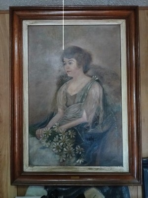 Framed Realism Portrait Painting of Woman with Flowers on Canvas, Medium Size