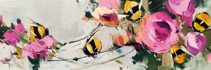 12x36 Pink Flowers Honeybees Art PRINT of Oil Painting by Artist Jose TRUJILLO