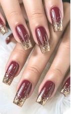 20 Semi Cured Gel Nail Stickers Wraps UV Lamp Required, Burgundy Gold Glitter 20