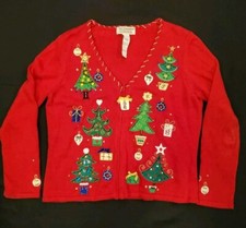 Tiara International Ugly Christmas Cardigan Sweater Red Large Trees Presents