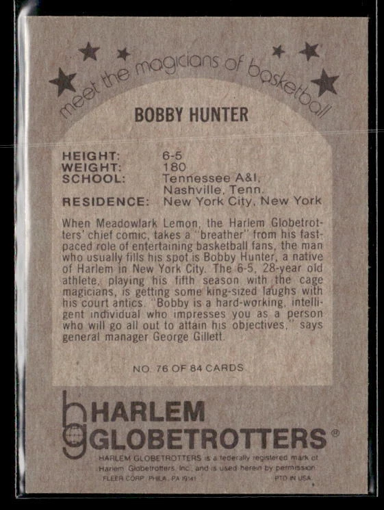 1971 Fleer Harlem Globetrotters #76 Bobby Hunter VG/G - Image 2 of 2