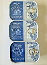 3 Trader Joe's Smoked Trout Fillets in Oil Skinless 3.9 oz Each Tin x 3 Cans