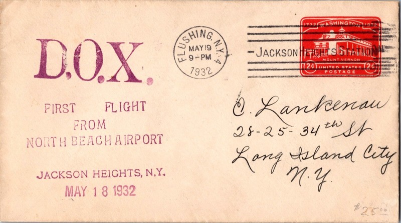 1932 USA NY New York DOX First Flight Airmail Cover to Long Island City