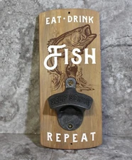 Open Road Brands Eat Drink Fish Repeat Wood Wall Sign With Metal Bottle Opener