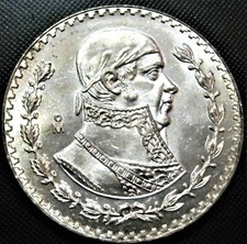 LARGE BRILLIANT UNCIRCULATED SILVER MEXICO UN PESO COIN! MEXICAN 1 PESO!