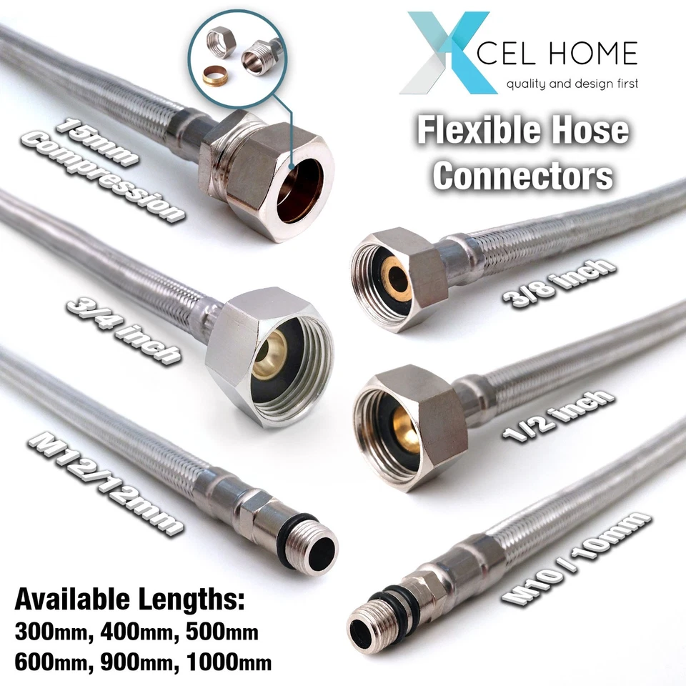 M10 M12 1/2" 3/8" 15mm Compression Kitchen Basin Mixer Flexi Hoses Tap Connector