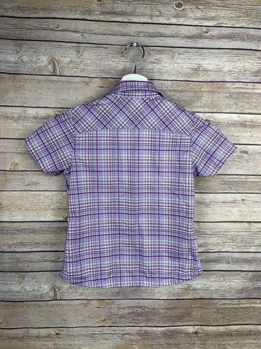 Columbia Girls Small Plaid Outdoor Shirt Short Sleeve Purple White Button Up Top - Picture 5 of 9