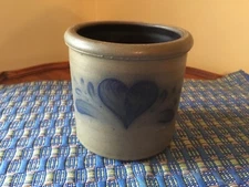1992 Rowe Pottery Works 4.5” Salt Glaze Crock With Cobalt Heart, VGC!