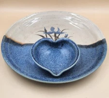 Handmade pottery chip and dip server with serving dish signed and dated