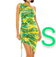 🆕Summer Green Leaf Print Off Shoulder Bodycon Ruched Dress Size S