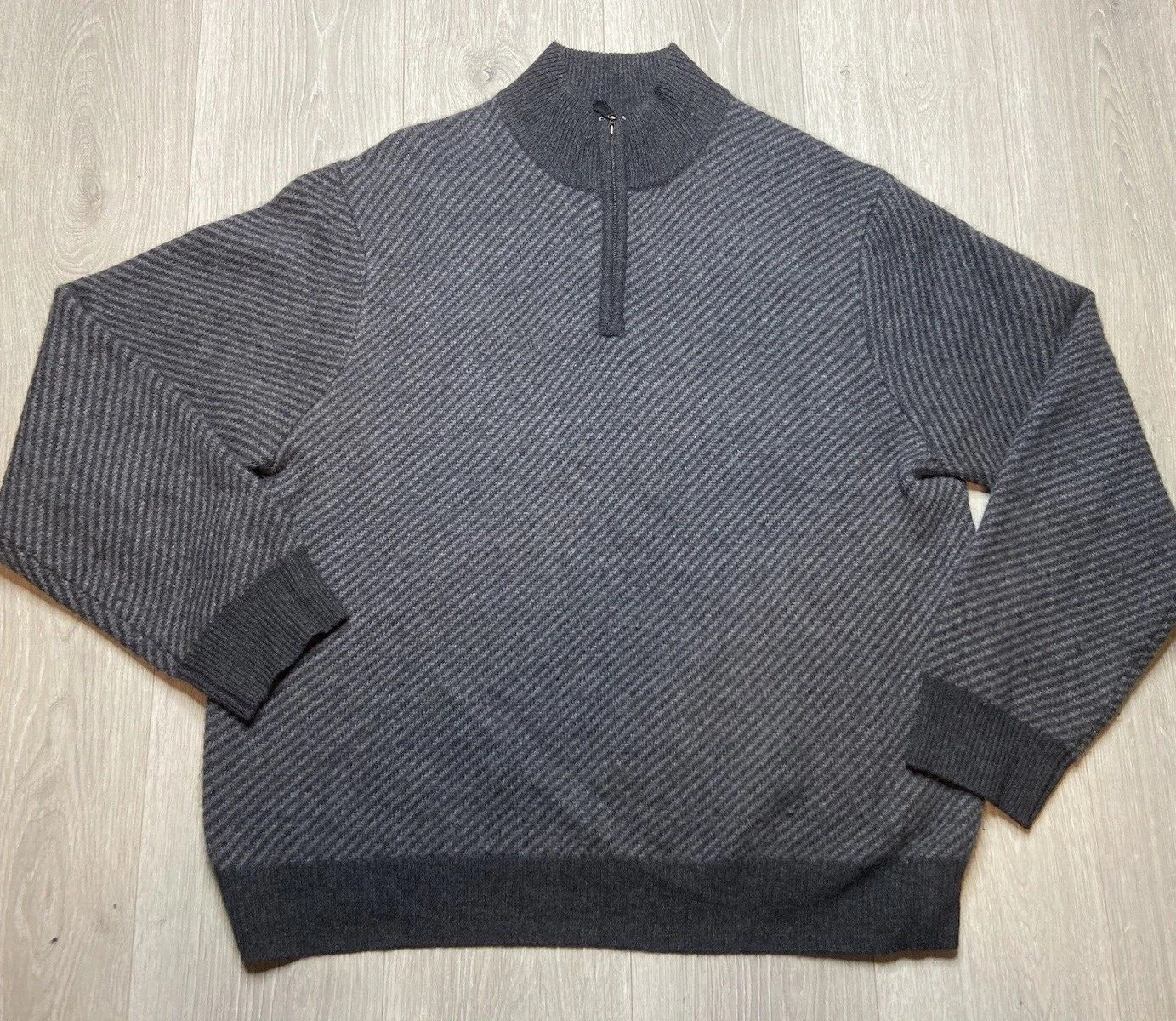 Grayson & Dunn Sweater Men XL Gray Stripe 100% Cashmere 1/4 Zip Pullover Soft