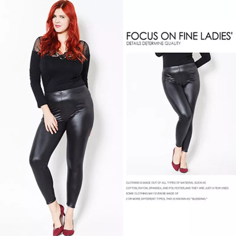 Plus Size Women Wetlook Faux Leather Leggings Warm Fleeced Skinny