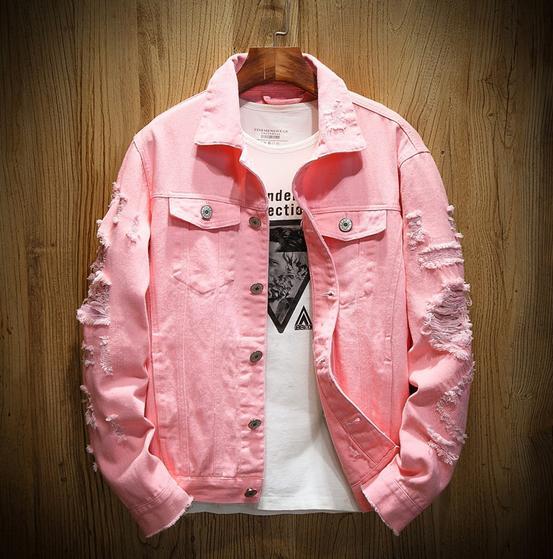 Men's Hole Denim Jacket Coat Long Sleeve Casual Lapel Single