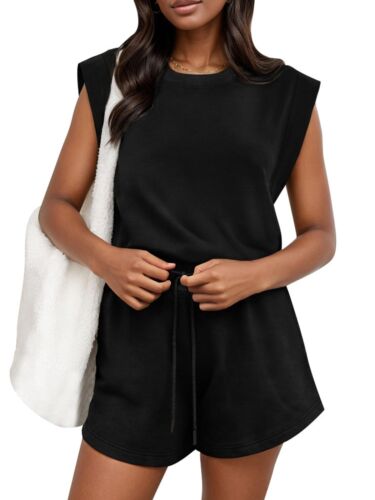 Women's Crewneck Romper Cap Sleeve Adjustable Drawstring Waistband Casual Outfit - Picture 6 of 16