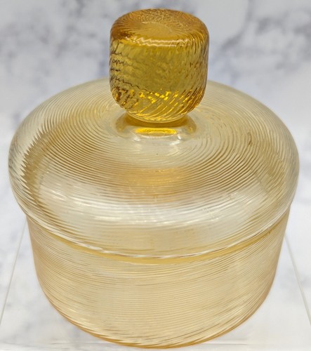 Yellow Threaded Blown Glass Vanity Boudoir Powder Box Czechoslovakia Spun - Picture 2 of 16