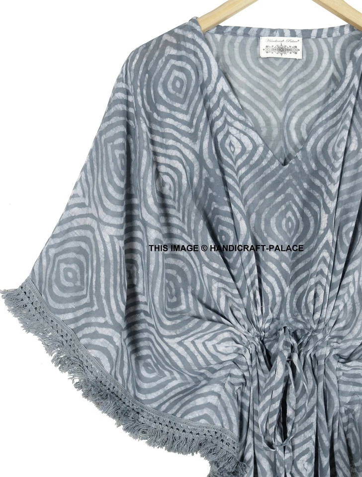 Vintage Indian Hand Block Print Cotton Kaftan Maxi Dress,Hippie Boho Grey Caftan - Image 2 of 3