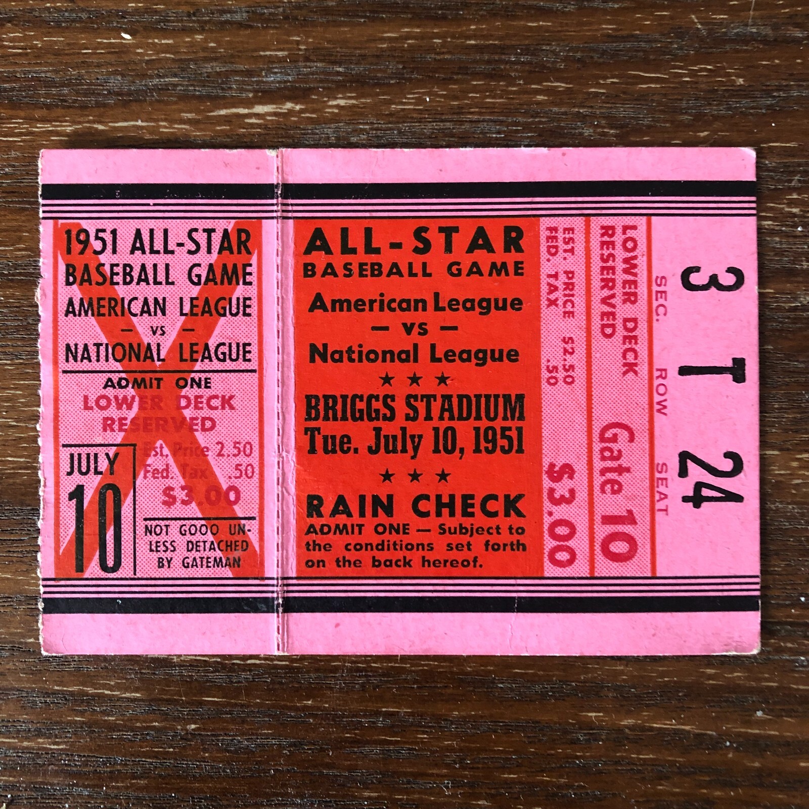 1951 MLB All Star Baseball Game Ticket Stub Briggs Stadium Ty Cobb