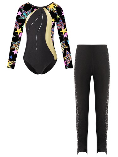 Kids Girls Leotard Figure Set Stage Outfit Mesh Pants Rhinestones Hoodie Suit - Picture 8 of 35