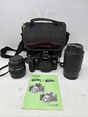 Canon EOS Rebel XS 35mm Film Camera w/Tokina 28-70mm + Tamron 70-300mm AF Lenses