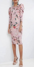 ASOS Pink Floral Midi Dress - Cut-Out Back Puff Sleeve - US 4