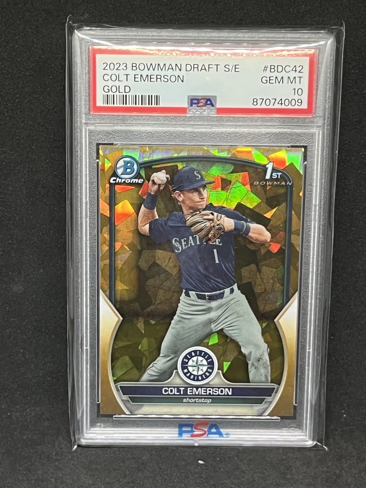 COLT EMERSON PSA 10 2023 BOWMAN CHROME DRAFT SAPPHIRE #BDC-42 GOLD REFRACTOR /50
